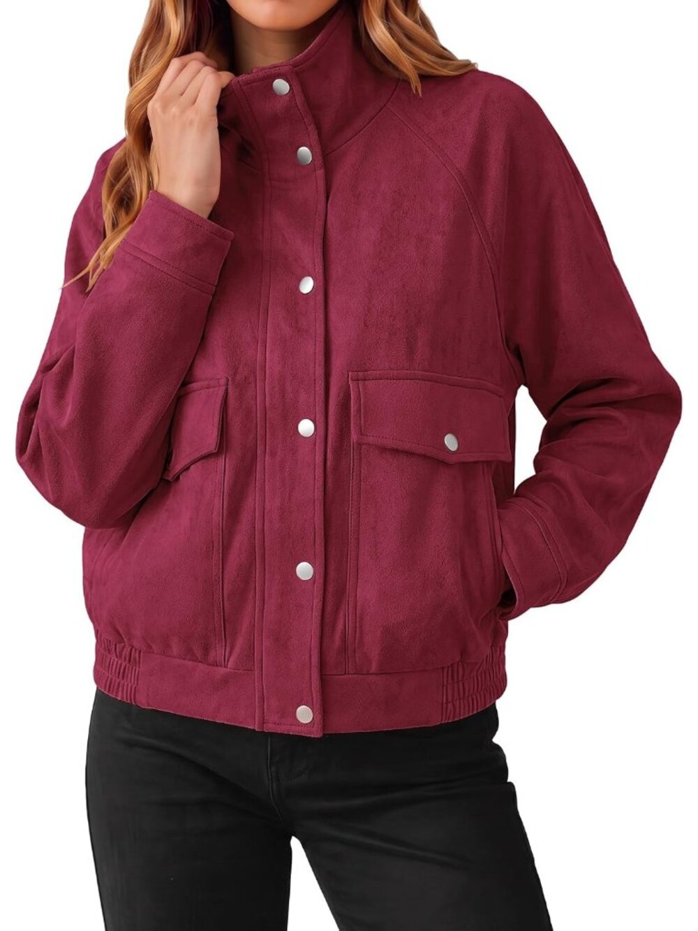 Women Wine Red Faux Suede Utility Flap Pockets Stand Collar Zip-Up Bomber Jacket